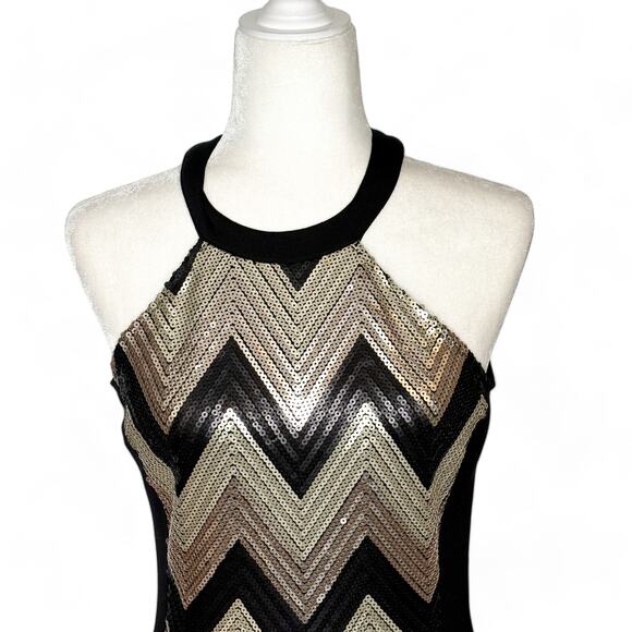 G by Guess Chevron Stripe Sequin Halter Dress Gold Black Small - Picture 4 of 11